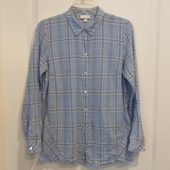 J Jill Top Women's Small Blue Check Plaid Button-Up Cotton Long Sleeve Shirt - Picture 6 of 16
